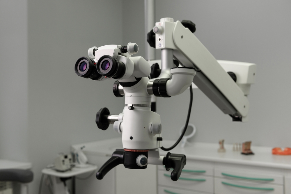 Dental Binocular Microscope In The Dentist's Office Stationary Endodontic Microscope